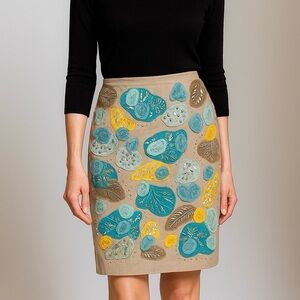 Lafayette 148 Straight Skirt Size:14 Beige Linen Silk Blue Yellow Leaves Beaded